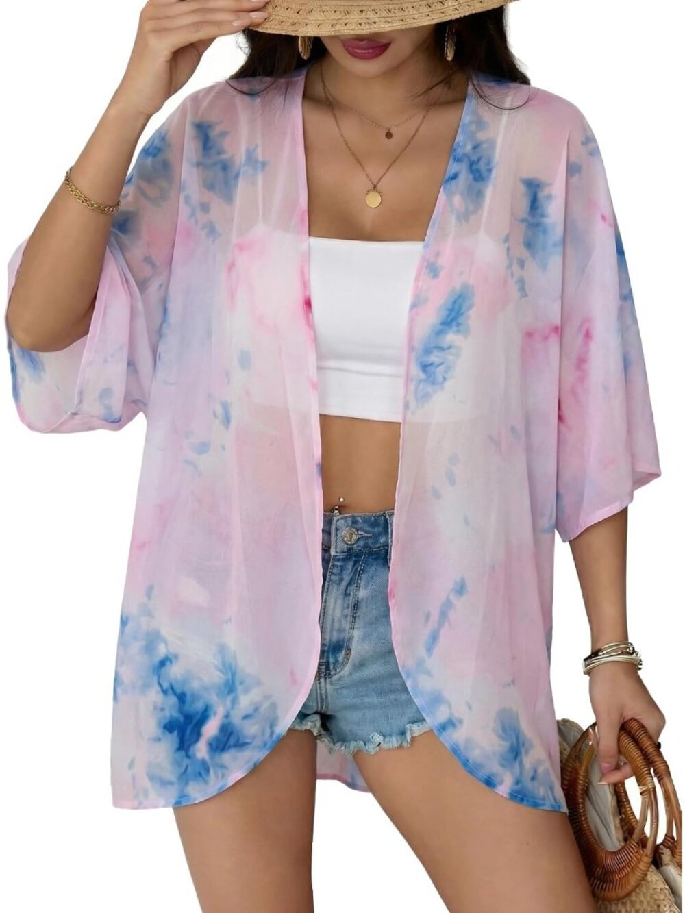 Women's Tie Dyed Chiffon Kimono Cardigan Open Front Blouse Swimwear Cover Up